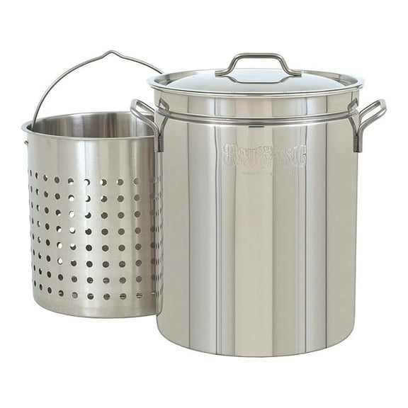 1144 44-qt Stainless Stockpot w/Basket Features Domed Vented Lid Heavy Welded Handles Perforated Stainless Basket Perfect For Low Country Boils Steaming Gumbo and Stews