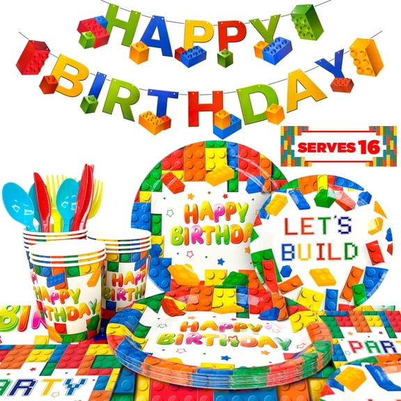 114Pcs Building Blocks Birthday Party Tableware Set Includes Plates, Napkins, Tablecloth, Banner & More, Colorful Building Block Party Supplies .