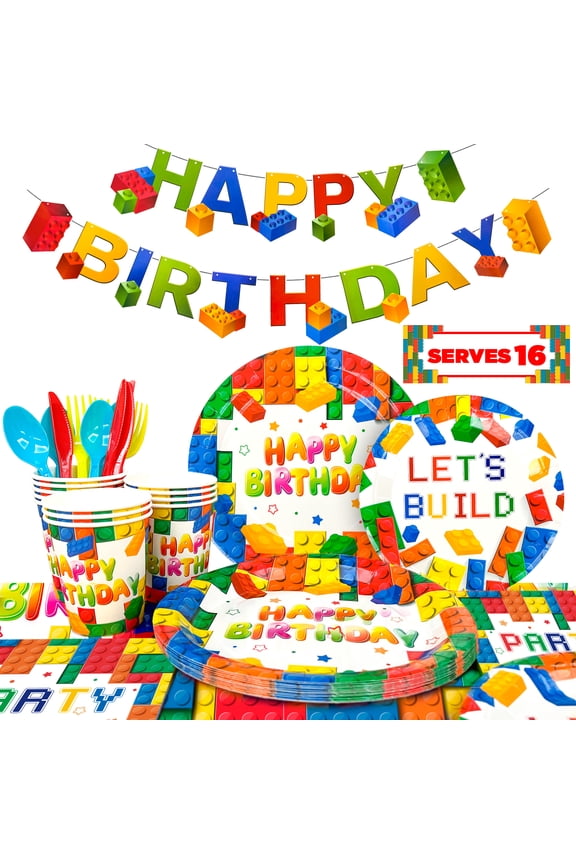 114Pcs Building Blocks Birthday Party Tableware Set Includes Plates, Napkins, Tablecloth, Banner & More, Colorful Building Block Party Supplies .