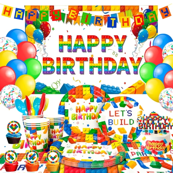 114Pcs Building Blocks Themed Party Supplies Set, Birthday Decor & Tableware Kit with Plates, Tablecloth, Banner and Backdrop, Perfect for Building Block Theme Birthday Party Decor