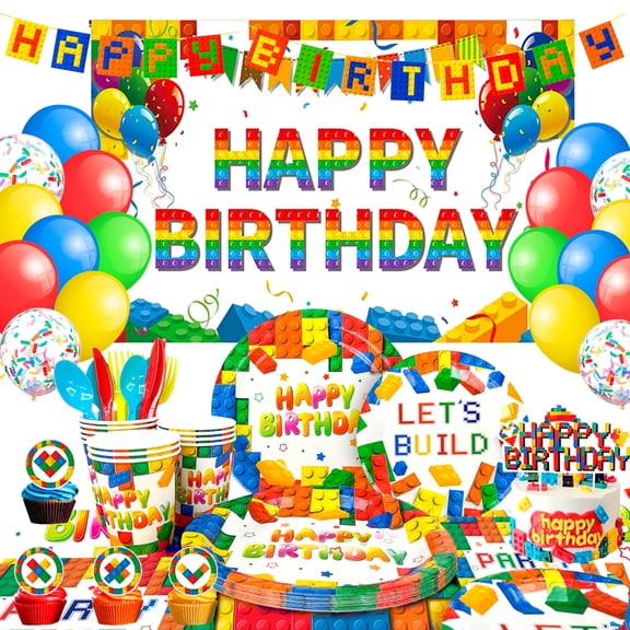 114Pcs Building Blocks Themed Party Supplies Set, Birthday Decor & Tableware Kit with Plates, Tablecloth, Banner and Backdrop, Perfect for Building Block Theme Birthday Party Decor