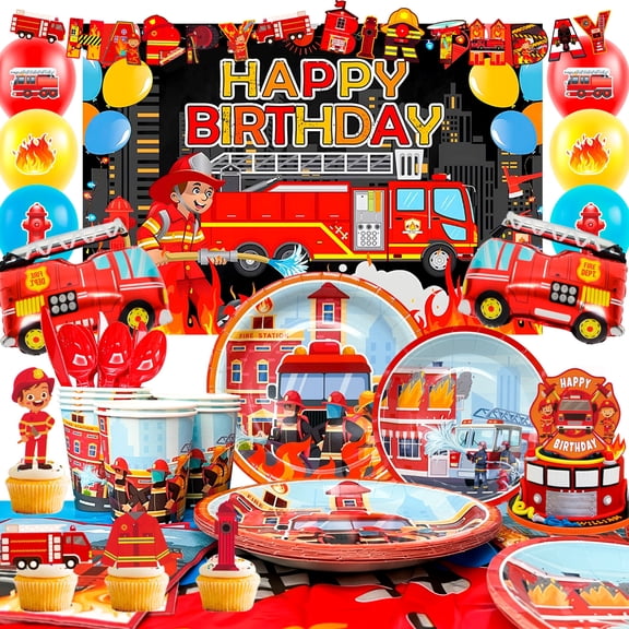114pcs Firetruck Birthday Party Decorations & Tableware Set - Fire Truck Party Plates Cups Napkins & Firefighter Themed Balloons Backdrop etc Fire Truck Party Supplies