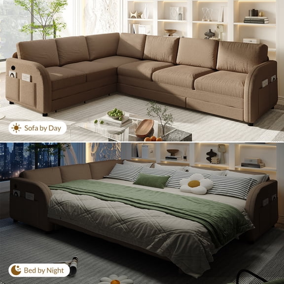 115.2" L-Shaped Sectional Sofa Set, Pull-Out Oversized Convertible Sleeper Sofa Bed w/ USB Port, Upholstered Teddy Fabric Couch w/ Pocket