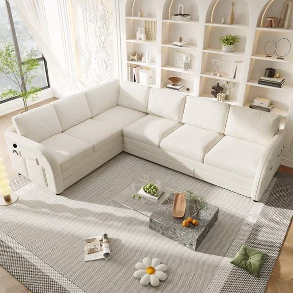115.2" L-Shaped Sofa Couch with Pull-Out Bed, Oversize Convertible Sleeper Sofa with Side Pocket & USB Port, Teddy Upholstered Sectional Couches, Beige