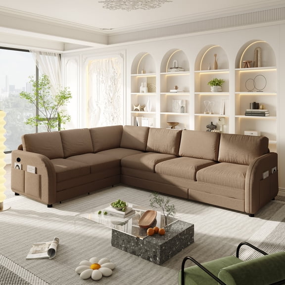 115.2" L-Shaped Sofa Couch with Pull-Out Bed, Oversize Convertible Sleeper Sofa with Side Pocket & USB Port, Teddy Upholstered Sectional Couches, Brown