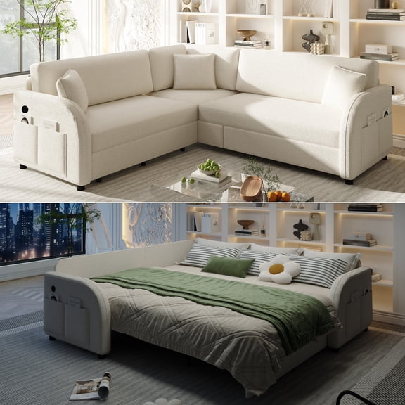 115.2" L-Shaped Sofa Couch with Pull-Out Bed,Oversize Convertible Sleeper Sofa with side Pocket & USB Port,Teddy Upholstered Sectional Couches with Convert Left/Right Facing, Beige/White