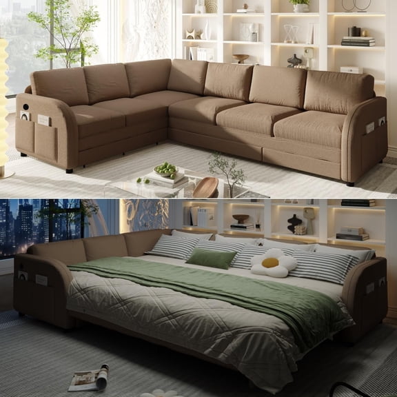 115.2'' Sleeper Sofa Bed King Size, Oversized Pull Out Couch, 6-Seater L-Shaped Sectional Couches, Teddy Convertible Left/Right Sofa, Side Pockets, USB for Living Room, Apartment, Brown