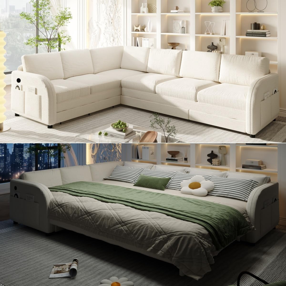 115.2'' Sleeper Sofa Bed King Size, Oversized Pull Out Couch, 6-Seater L-Shaped Sectional Couches, Sherpa Fleece Convertible Left/Right Sofa, Side Pockets, USB for Living Room, Apartment, Beige
