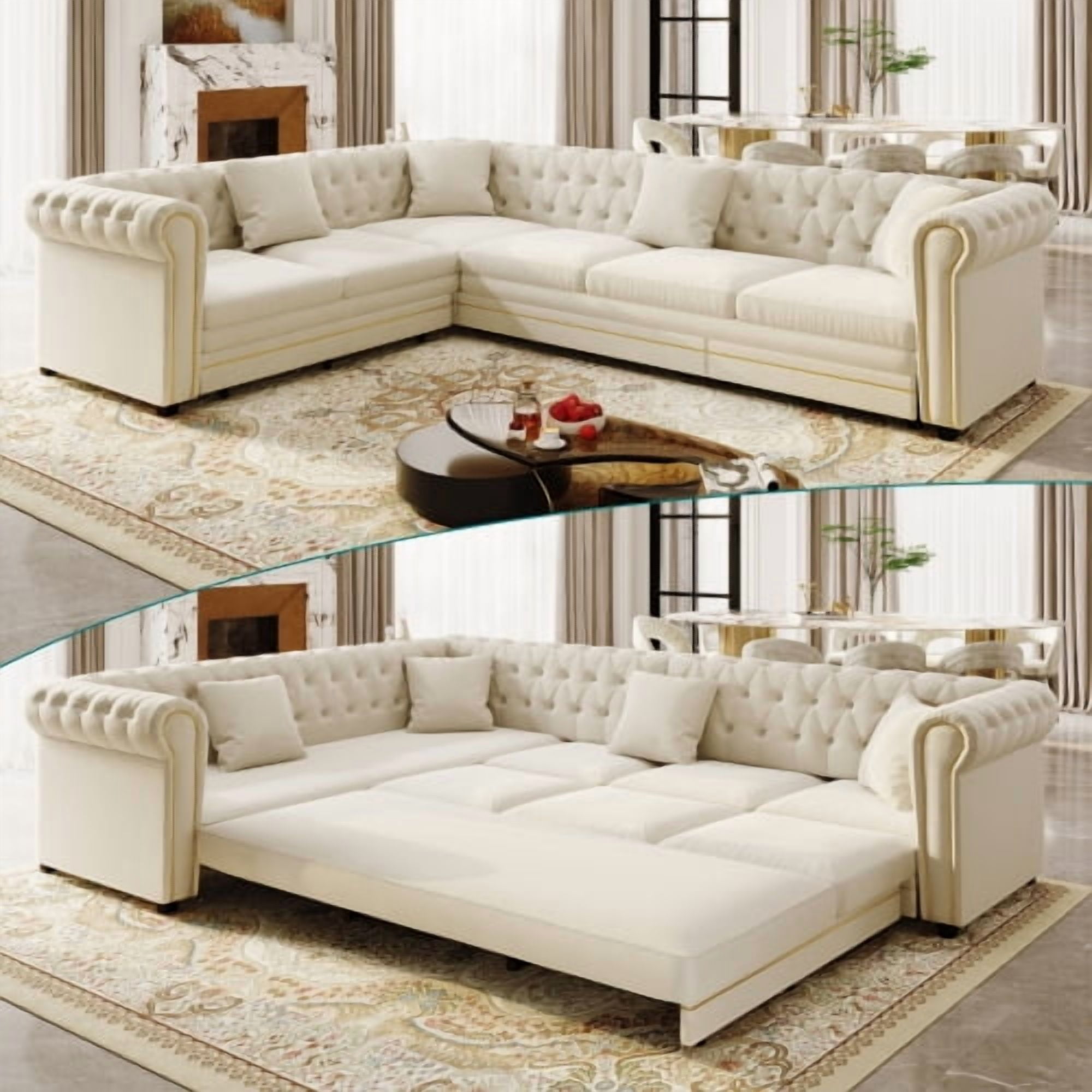 115.3" L-Shaped Velvet Sofa Bed, Button Tufted Pull-Out Sleeper, Gold Trim Rolled Arms, Beige