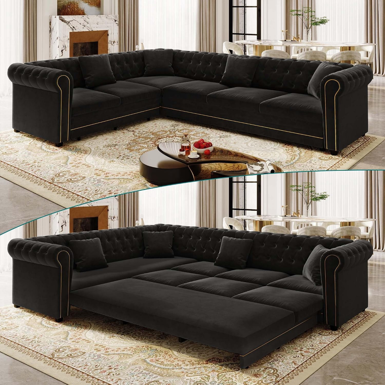 115.3'' Sleeper Sofa Bed King, Velvet Chesterfield Pull Out Couches, Black,L-Shaped Sofa with Rolled Arms & Button Tufted, Oversized 6-Seater Convertible Couches for Living Room, Apartment, 4 Pillows