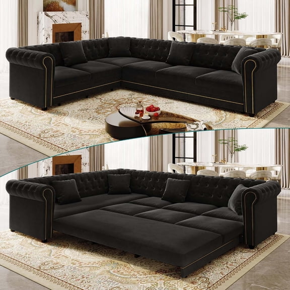 115.3'' Sleeper Sofa Bed King, Velvet Chesterfield Pull Out Couches, Black,L-Shaped Sofa with Rolled Arms & Button Tufted, Oversized 6-Seater Convertible Couches for Living Room, Apartment, 4 Pillows
