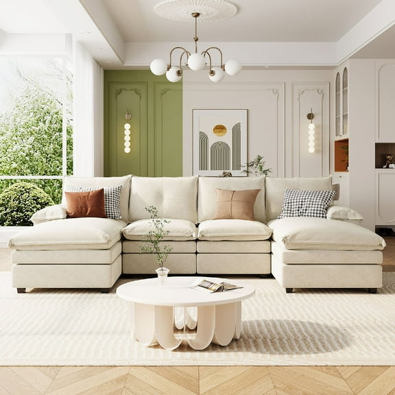 115.4"  U-Shaped Chenille Sectional Cloud Sofa with Adjustable Armrest Pillows, Modern 6-Seater Comfy Cloud Couches for Living Rooms, Offices, and Spacious Spaces, Beige
