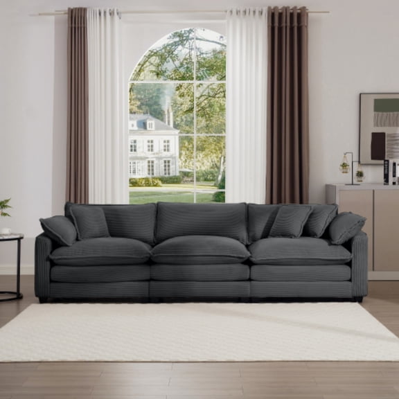 115" Corduroy Fabric Modular Sectional Sofa, Oversized Sectional Chaise Lounge with Memory Foam, Minimalist Boneless Sofa Couch with Arm & Throw Pillows for Living Rooms, Home Cinemas​, Grey