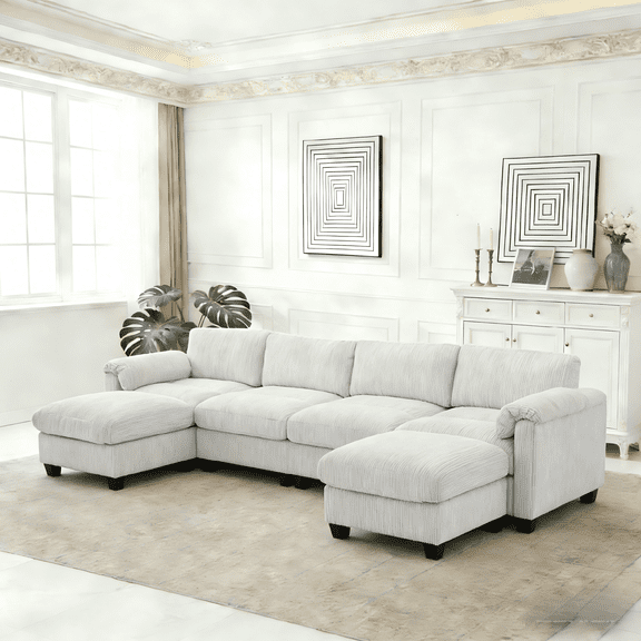 115" Cozy Oversized Corduroy Modular Sectional Sofa U Shaped 6 Seat Couch with Movable Ottoman & Chaise for Living Room Bedroom, Gray