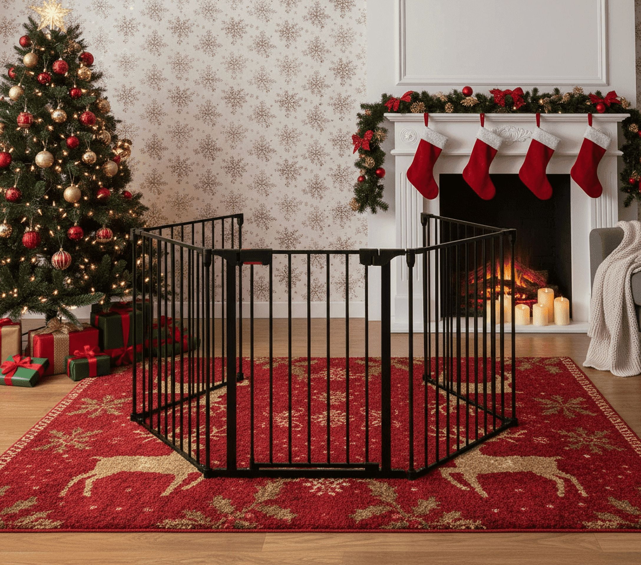 115 Inch Length 5 Panel Adjustable Wide Fireplace Fence, Dog Gate Pet Gate for House Stairs Doorways Fireplace, Dog Fence Outdoor for Yard