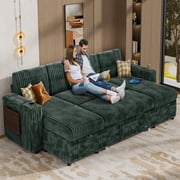 115" Modular Sectional Sleeper Sofa with Pull Out Bed, 4 Seat Plush U Shaped Couch with Storage Chaise|USB Ports|Cup Holders|Side Table|Storage Armrests, Tool Free Assembly, Corduroy Fabric Green
