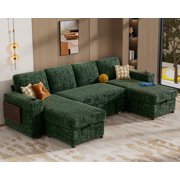 115" Modular Sectional Sleeper Sofa with Pull Out Bed, 4 Seat Plush U Shaped Couch with Storage Chaise|USB Ports|Cup Holders|Side Table|Storage Armrests, Tool Free Assembly, Chenille Fabric Green