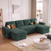 115" Modular Sectional Sleeper Sofa with Pull Out Bed, 4 Seat Plush U Shaped Couch with Storage Chaise|USB Ports|Cup Holders|Side Table|Storage Armrests, Tool Free Assembly, Corduroy Fabric Green
