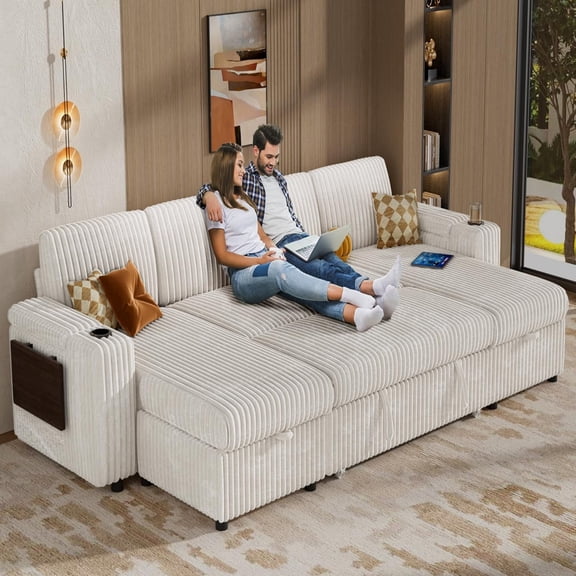 115" Modular Sectional Sleeper Sofa with Pull Out Bed, 4 Seat Plush U Shaped Couch with Storage Chaise|USB Ports|Cup Holders|Side Table|Storage Armrests, Tool Free Assembly, Corduroy Fabric White