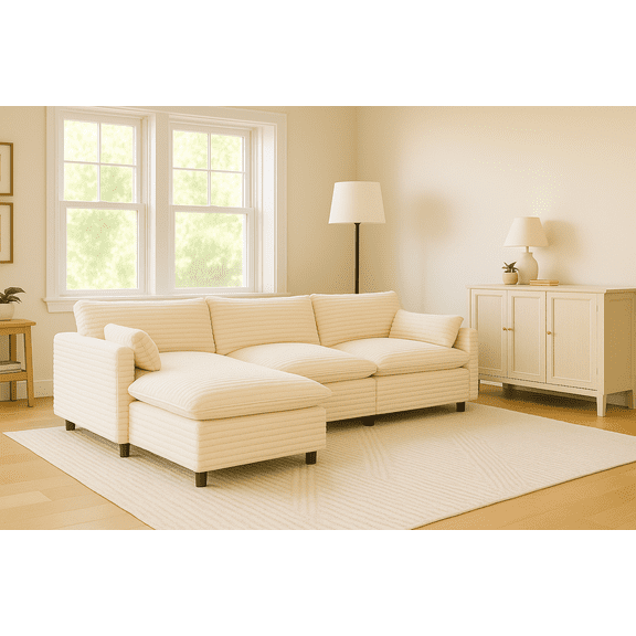 115" Modular Sectional Sofa, Comfy Cloud Couch with Movable Ottoman, Deep Seat Corduroy L-Shaped Modular Sectional Sofa for Living Room, Bedroom and Apartment Beige