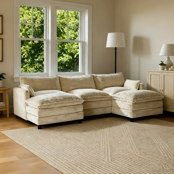 115" Modular Sectional Sofa, Comfy Cloud Couch with Movable Ottoman, Deep Seat Corduroy U-Shaped Modular Sectional Sofa for Living Room, Bedroom and Apartment Beige