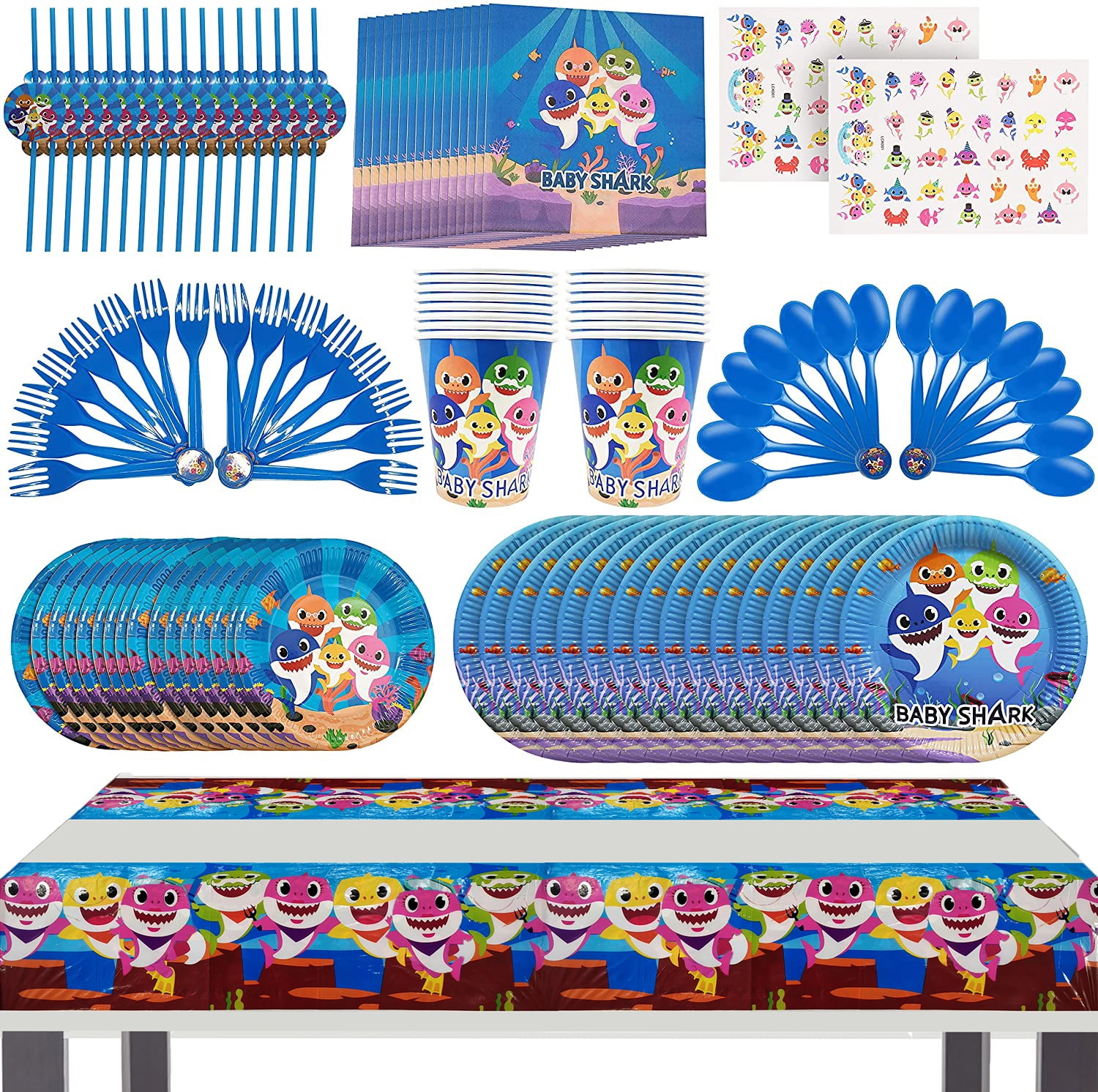 115 Pc Baby Shark Party Supply for Boy, Blue baby Shark Birthday Tableware, Cake Topper, Plates Blowout for 1st 2nd 3rd Party