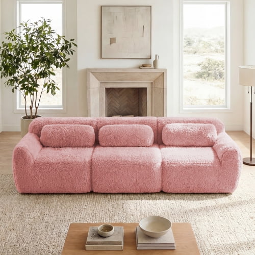 115" Plush Traditional Sofa, Comfy Couch with Modular Design, Modern Sofa Couch with Non-slip Base for Home Theater, Pink
