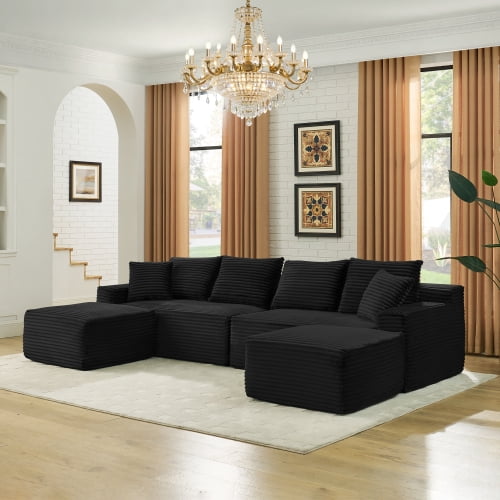115" U-Shaped Boneless Sectional Sofa with Chaise and Ottoman, Deep Seat Plush Corduroy, No Assembly Required, Black
