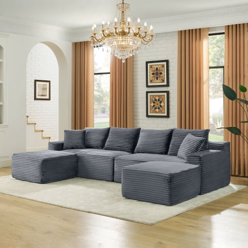 115" U-Shaped Boneless Sectional Sofa with Chaise and Ottoman, Deep Seat Plush Corduroy, No Assembly Required, Grey