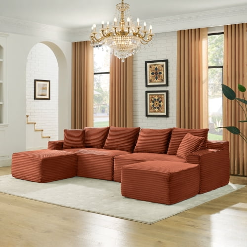 115" U-Shaped Boneless Sectional Sofa with Chaise and Ottoman, Deep Seat Plush Corduroy, No Assembly Required, Orange