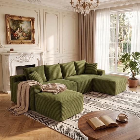 115" U Shaped Sectional Sofa, Boneless Cloud Couch with 2 Ottomans, Modular L-Shaped Deep Seat Corduroy Set, No Assembly Required Living Room Furniture, Green