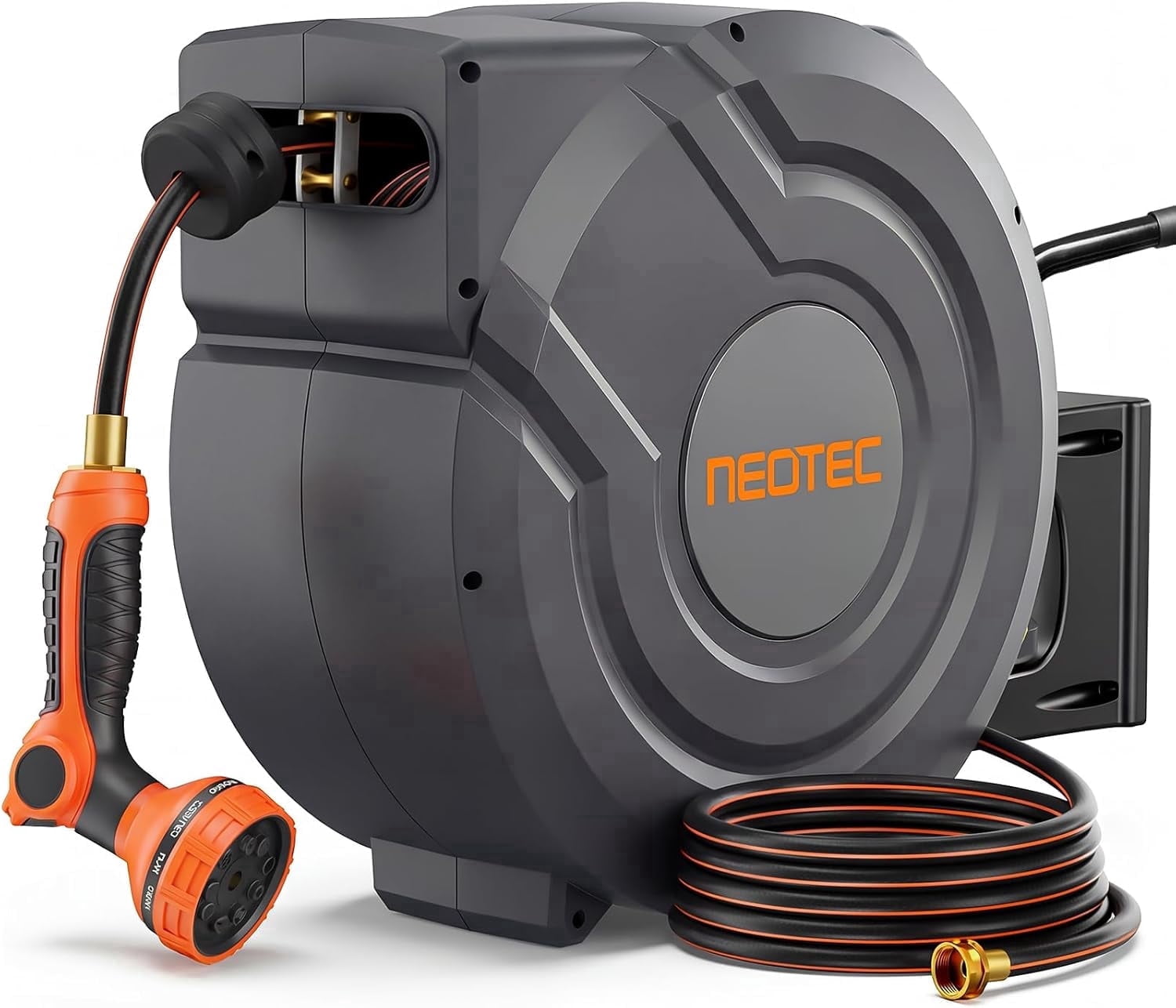 NEOTEC 115 ft x 5/8 inch Retractable Garden Hose Reel , Wall Mounted Hose Reel with Automatic Slow Return, Any Length Lock, 9 Pattern Spray Nozzle for Garden
