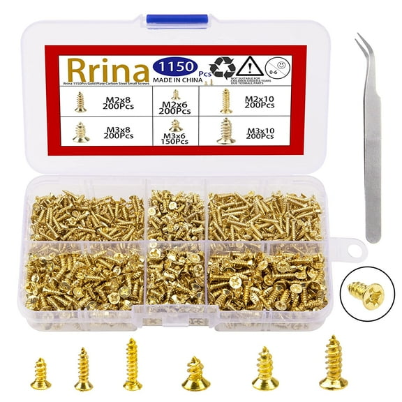 1150Pcs M2 M3 Gold Plate Carbon Steel Small Screws Phillips Flat Head Cross Self Tapping Tiny Screw Cabinet Electronic Accessories Screw DIY Micro Woodworking Mini Screw Assortment Kit