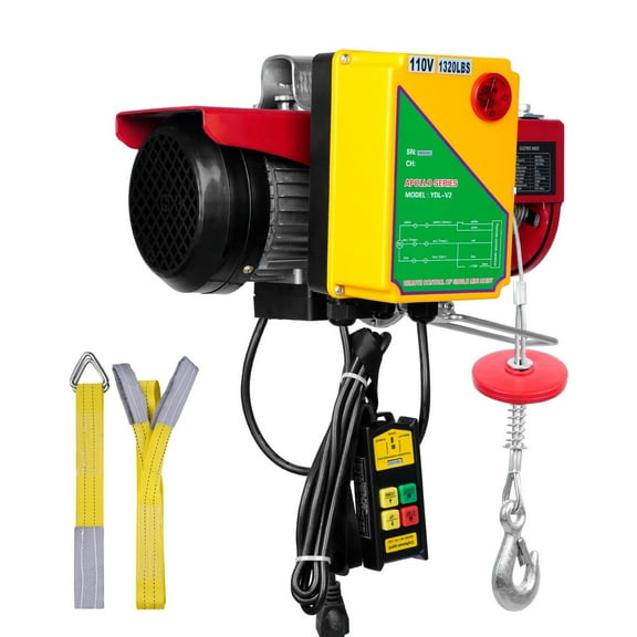 1150W 110V Electric Wire Rope Hoist with Remote Control - 1320 lbs Lifting Capacity, 40ft Single Cable, Pure Copper Motor for Industrial Garage Warehouse Use