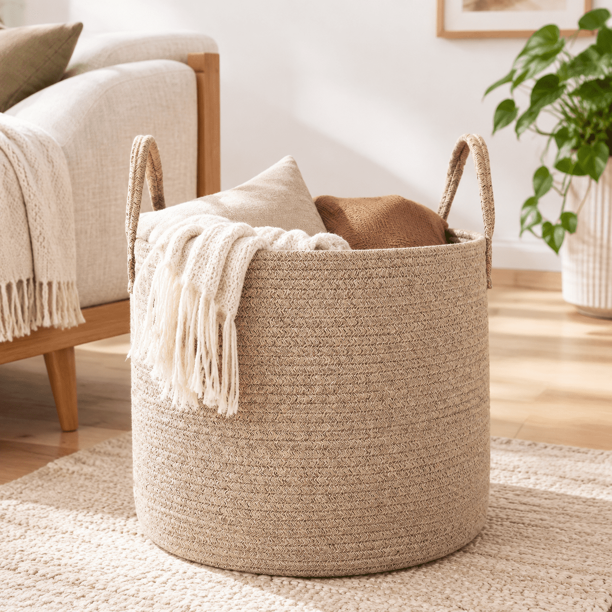 115L Extra Large Oatmeal Rope Storage Basket for Blankets and Home ...
