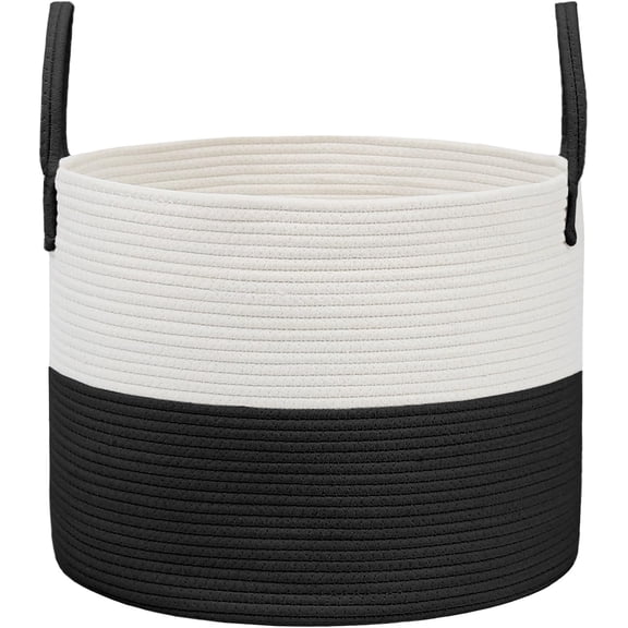 115L Extra Large Woven Cotton Rope Blanket Basket with Reinforced Handles Storage Bin White and Black