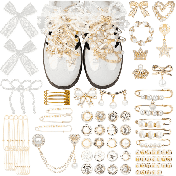 115PCS Luxury Pearl Shoe Charms for Sneakers, DIY Shoe Jewelry Set with Metal Chains, Rhinestone Buttons and Satin Shoelaces for Women Girls, Elegant Sneaker Decoration Kit