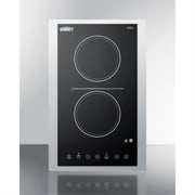 115V 2-burner cooktop in black ceramic Schott glass with digital touch controls and stainless steel frame to allow installation in 15" wide counter cutouts