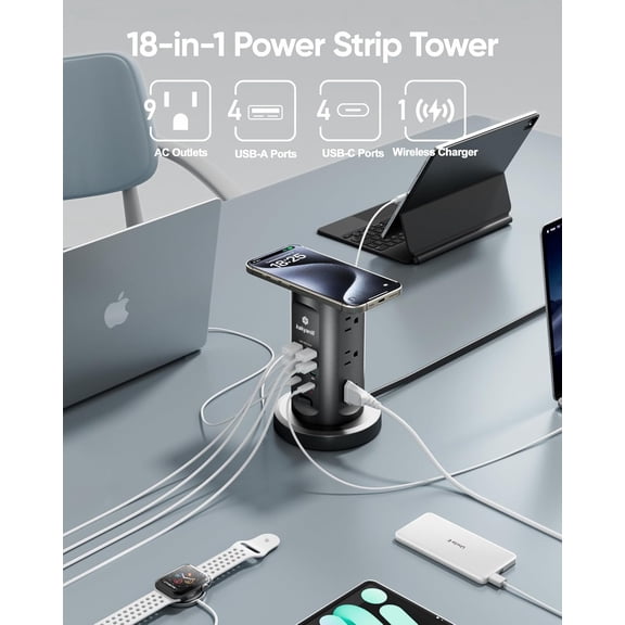 115W USB Charging Station, Surge Protector Power Strip Tower, 9 AC Outlets with 8 USB Ports(4 USB-C), 6Ft Flat Plug Retractable Extension Cord, for Home Office Dorm, Black