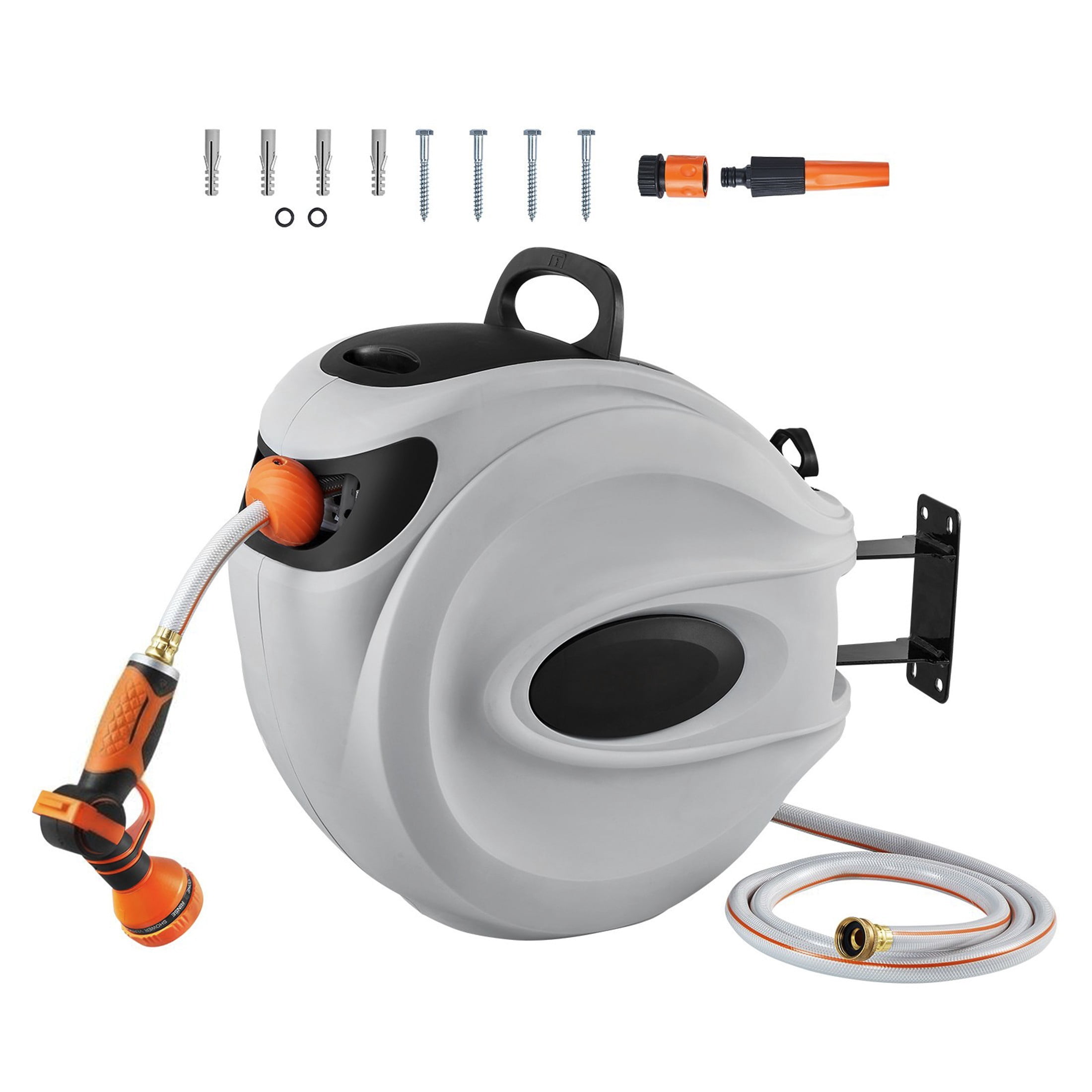 115ft x 1/2" Retractable Hose Reel, Wall-Mounted with 180° Swivel, Auto Rewind, Any-Length Lock & Slow Return, Includes 9-Pattern Nozzle