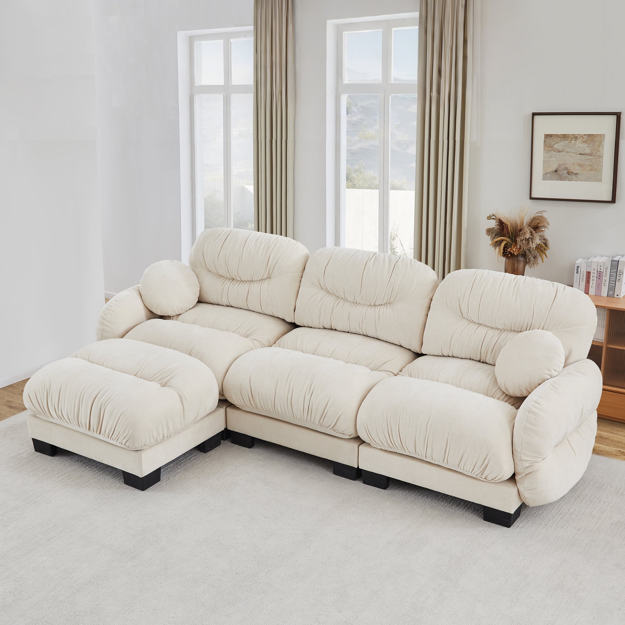 116" 3 Seater Sectional Couch Cozy Chenille Modular Sofa with Ottoman and 2 Throw Pillows
