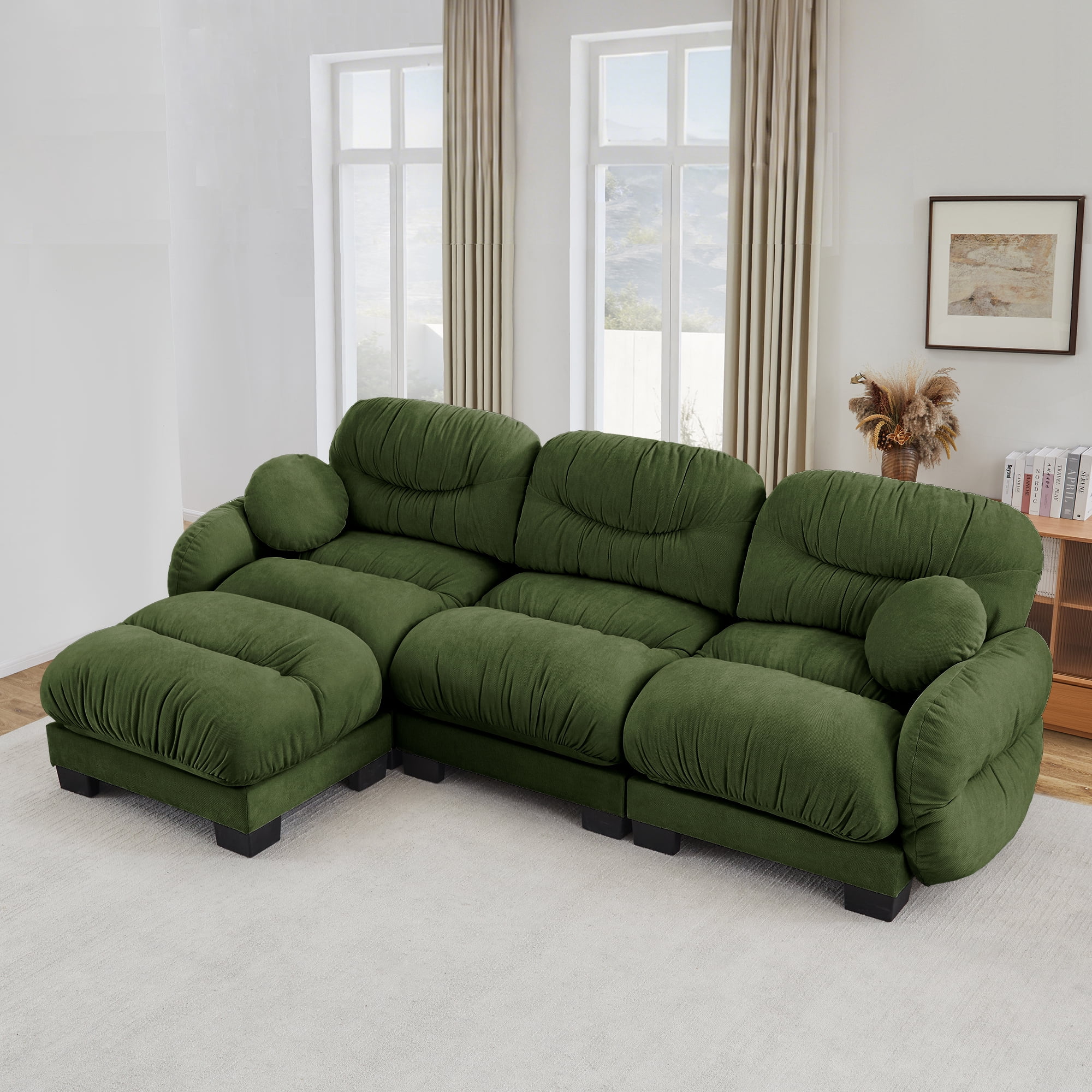 116" 3 Seater Sectional Couch Cozy Chenille Modular Sofa with Ottoman and 2 Throw Pillows