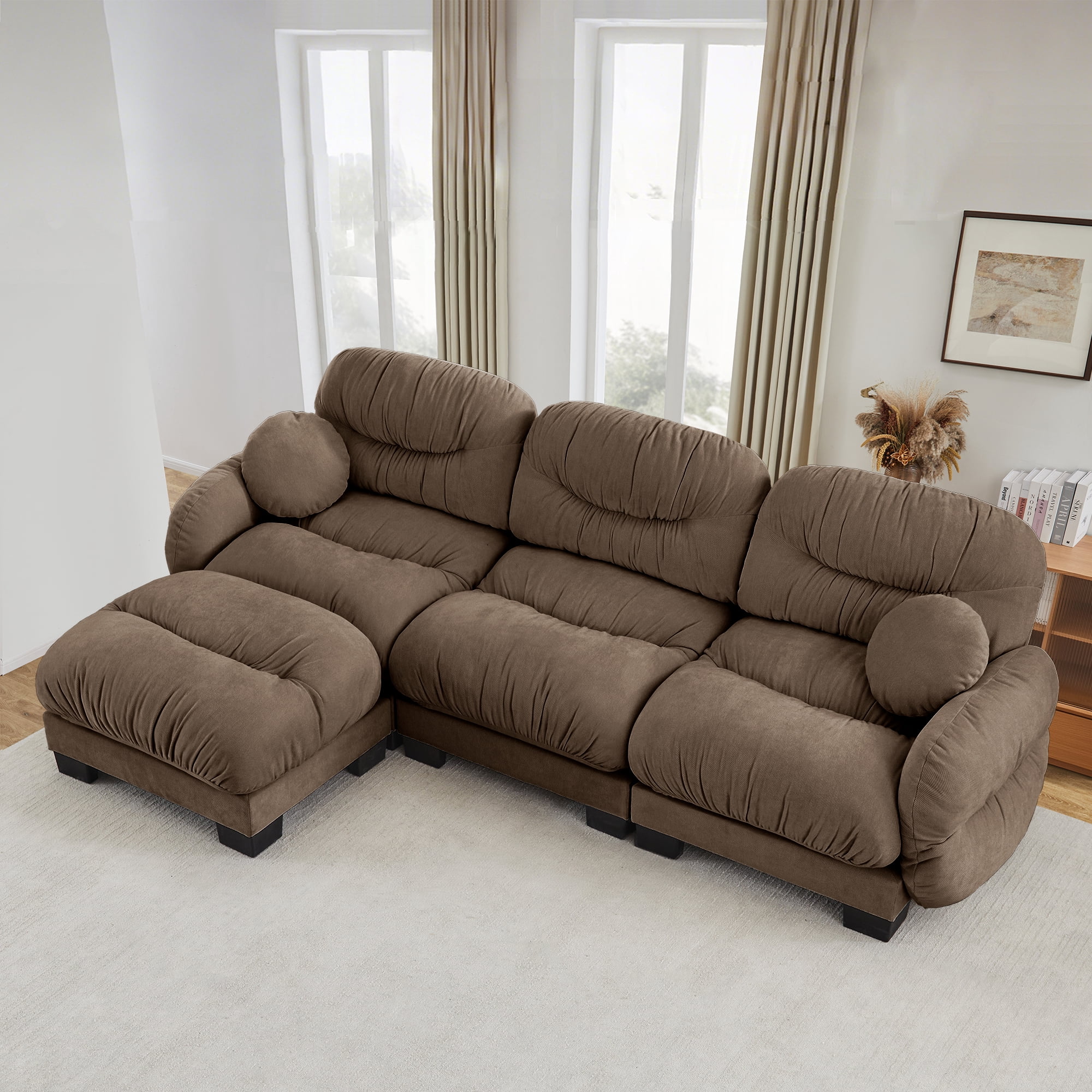 116" 3 Seater Sectional Couch Cozy Chenille Modular Sofa with Ottoman and 2 Throw Pillows