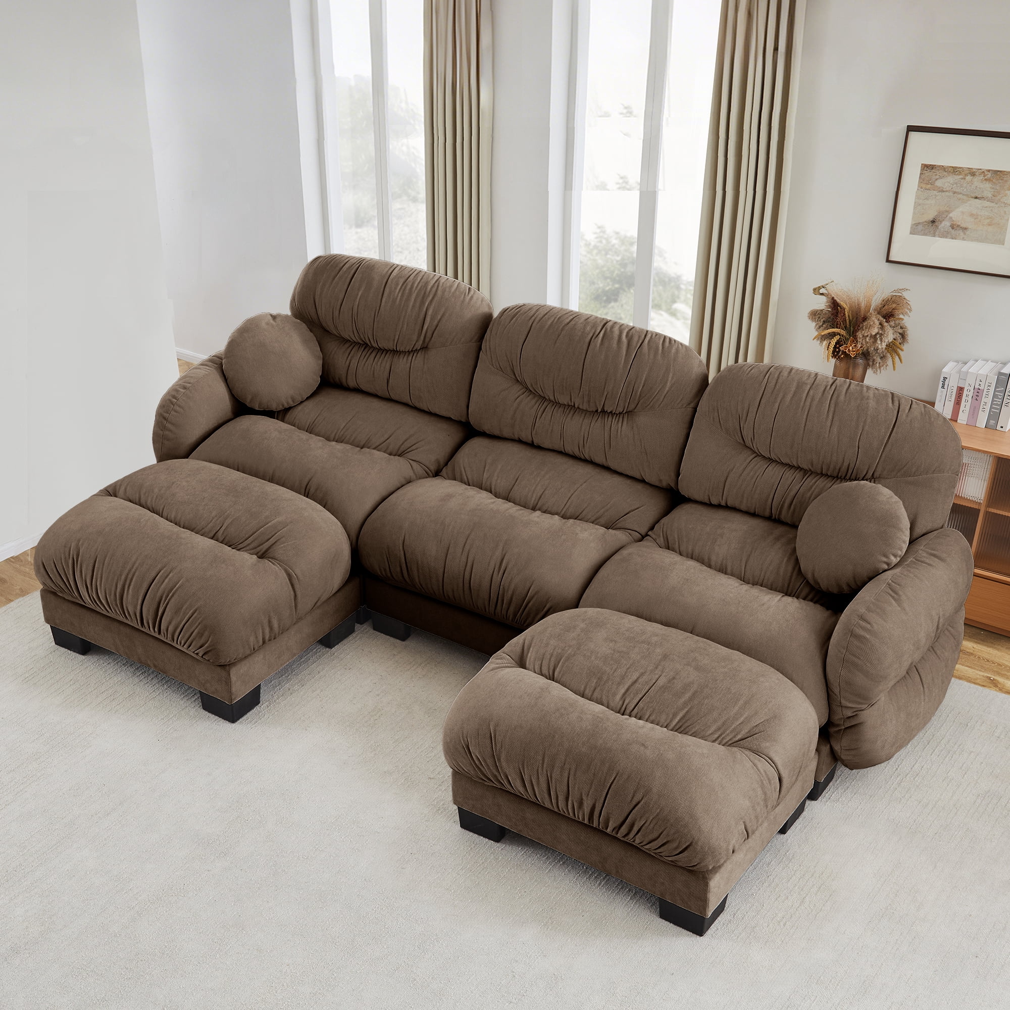 116" 3 Seater Sectional Couch Cozy Chenille U Shape Modular Sofa with 2 Ottoman and 2 Throw Pillows