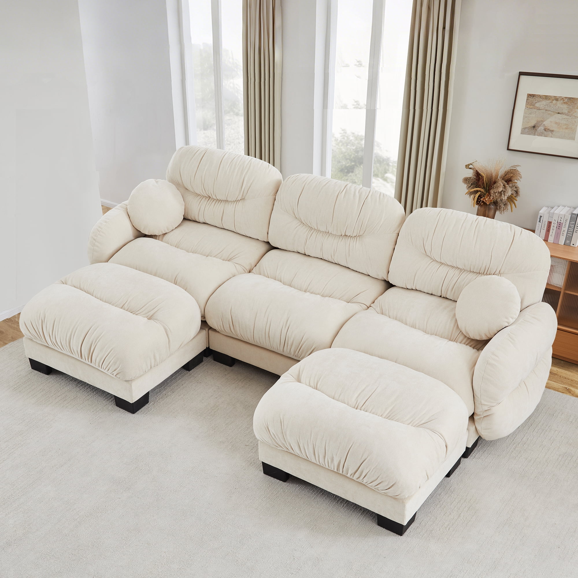 116" 3 Seater Sectional Couch Cozy Chenille U Shape Modular Sofa with 2 Ottoman and 2 Throw Pillows