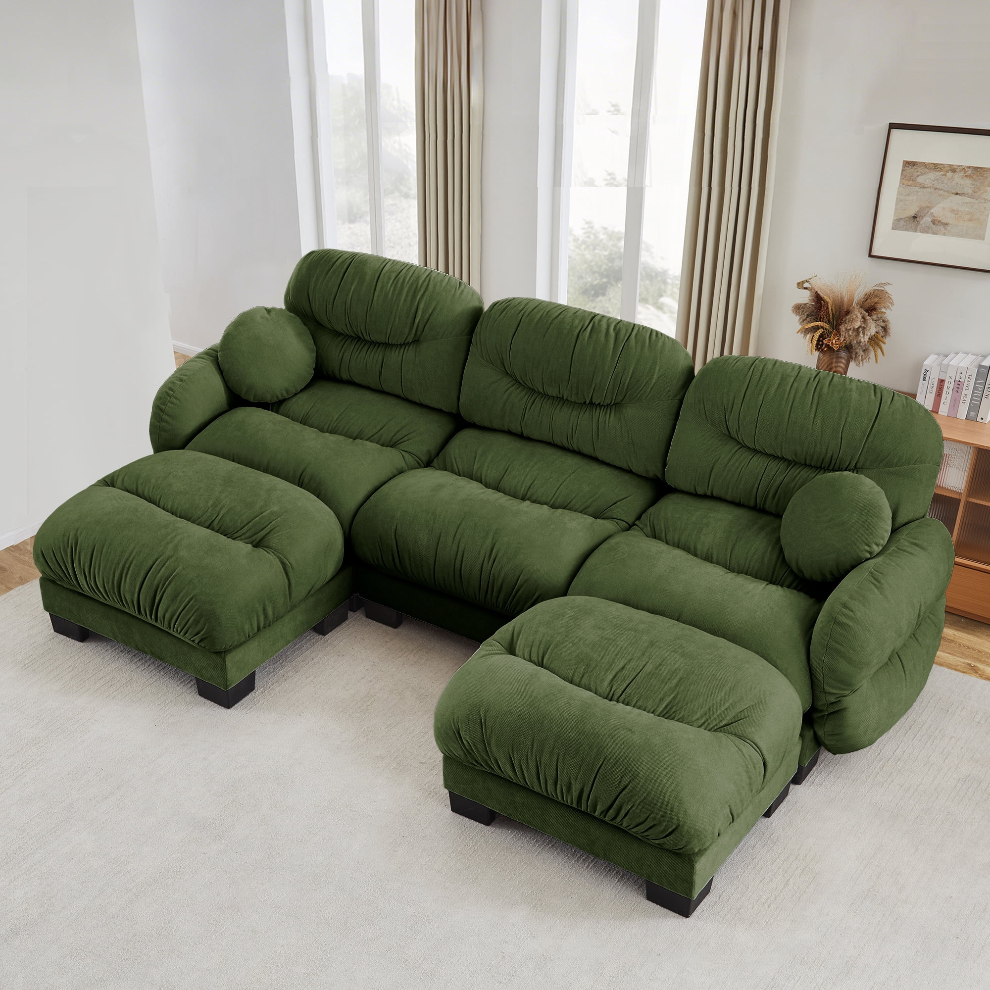 116" 3 Seater Sectional Couch Cozy Chenille U Shape Modular Sofa with 2 Ottoman and 2 Throw Pillows