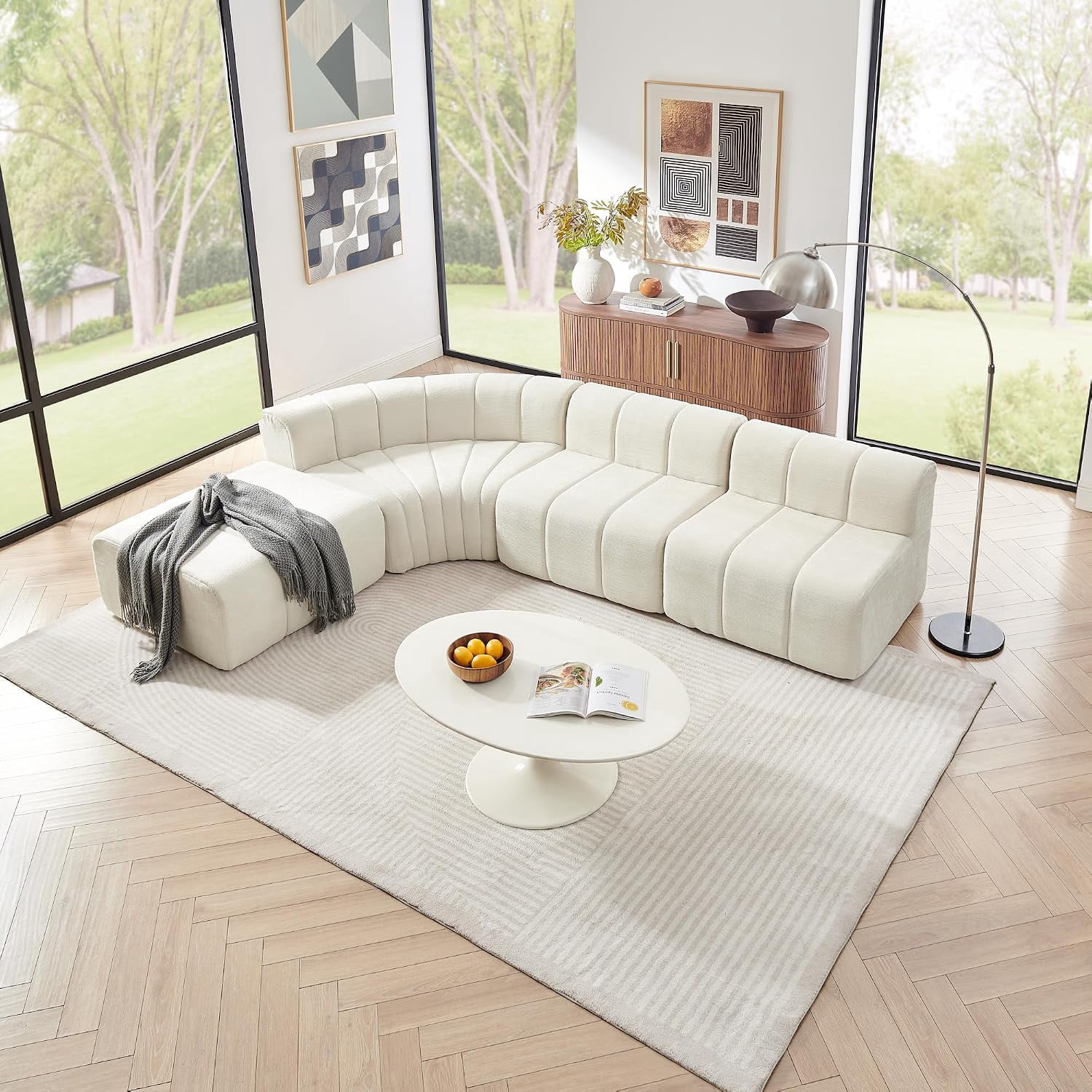 116.5'' Curved Modular Sectional Sofa for Living Room, Chenille, Beige | Boneless Couch, No Assembly Needed, Movable Ottoman for Flexible L-Shape, Portable for Small Apartments, No Walkway Blockage
