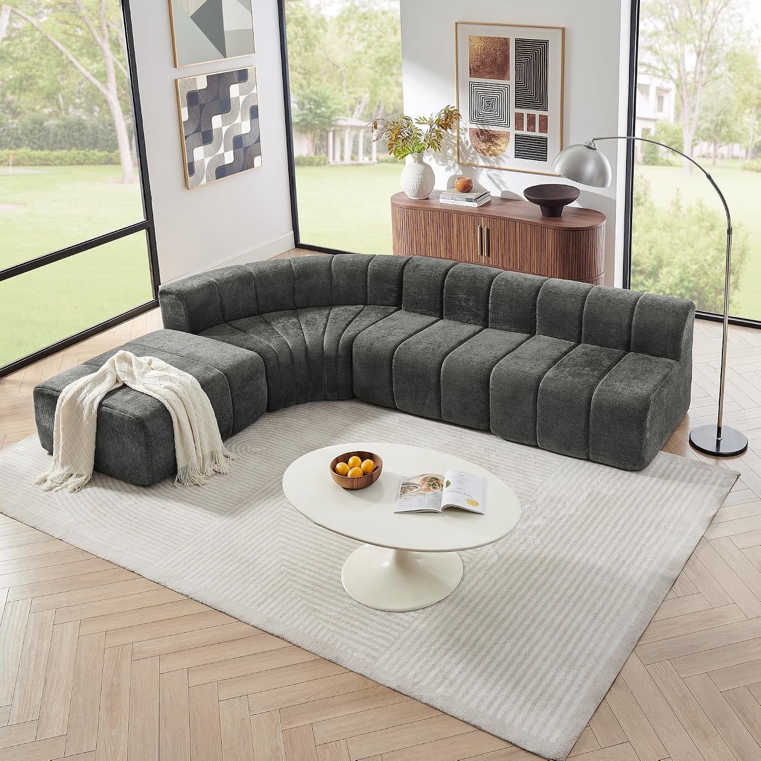 116.5'' Curved Modular Sectional Sofa for Living Room, Chenille, Black | Boneless Couch, No Assembly Needed, Movable Ottoman for Flexible L-Shape, Portable for Small Apartments, No Walkway Blockage