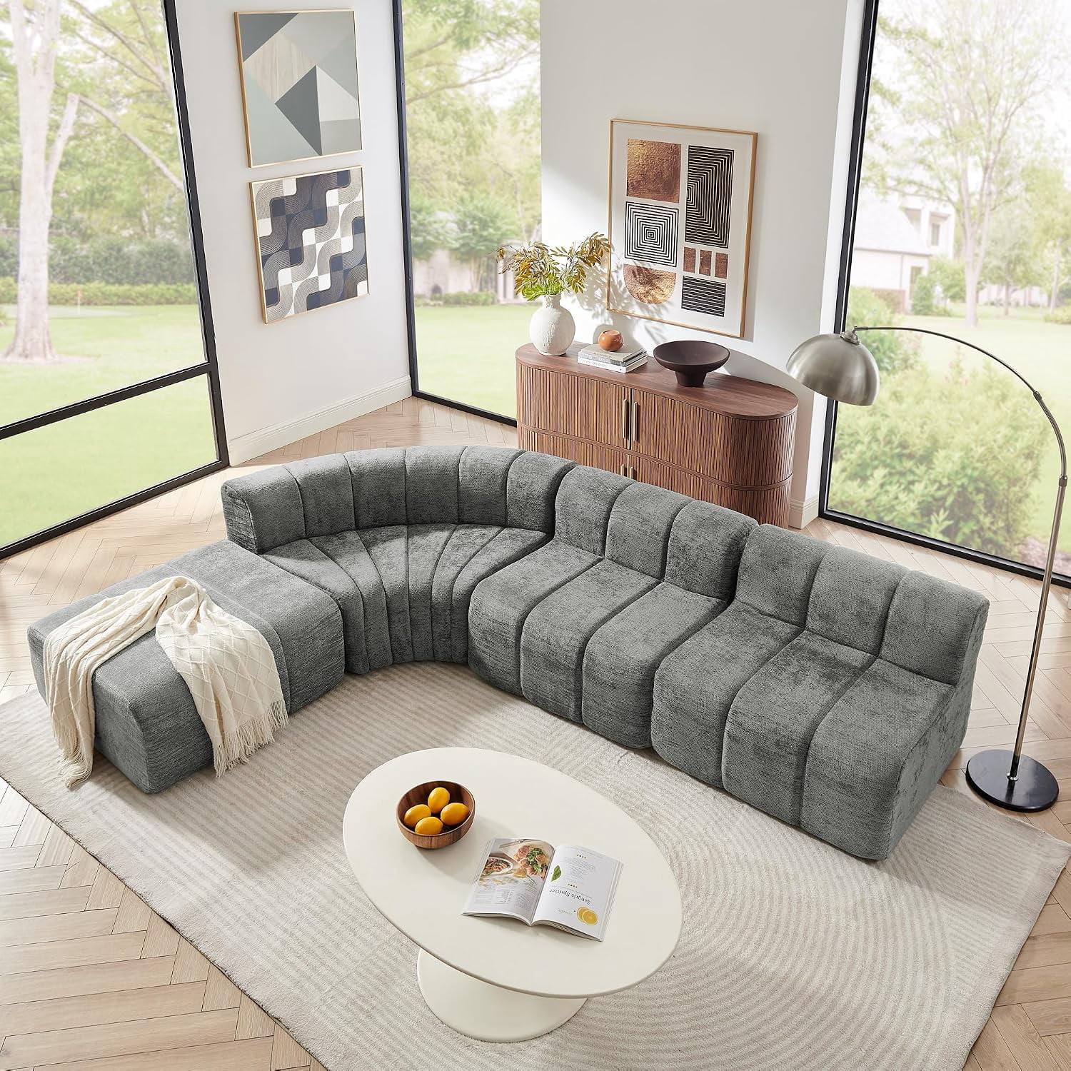 116.5'' Curved Modular Sectional Sofa for Living Room, Chenille, Dark Gray Boneless Couch, No Assembly Needed, Movable Ottoman for Flexible L-Shape, Portable for Small Apartments, No Walkway Blockage