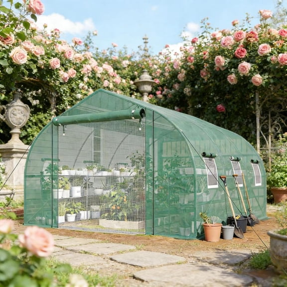 116.5" x 135.8" x 76.8" Walk-In Tunnel Greenhouse, Galvanized Steel Frame with 2-Tier Side Shelves, 140 gsm Waterproof UV-Resistant PE Cover, Mesh & Roll-Up Doors with Windows, Outdoor Plant Hot Hous